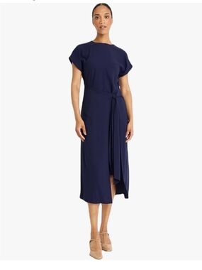 Classic Navy Tie-Waist Midi Dress